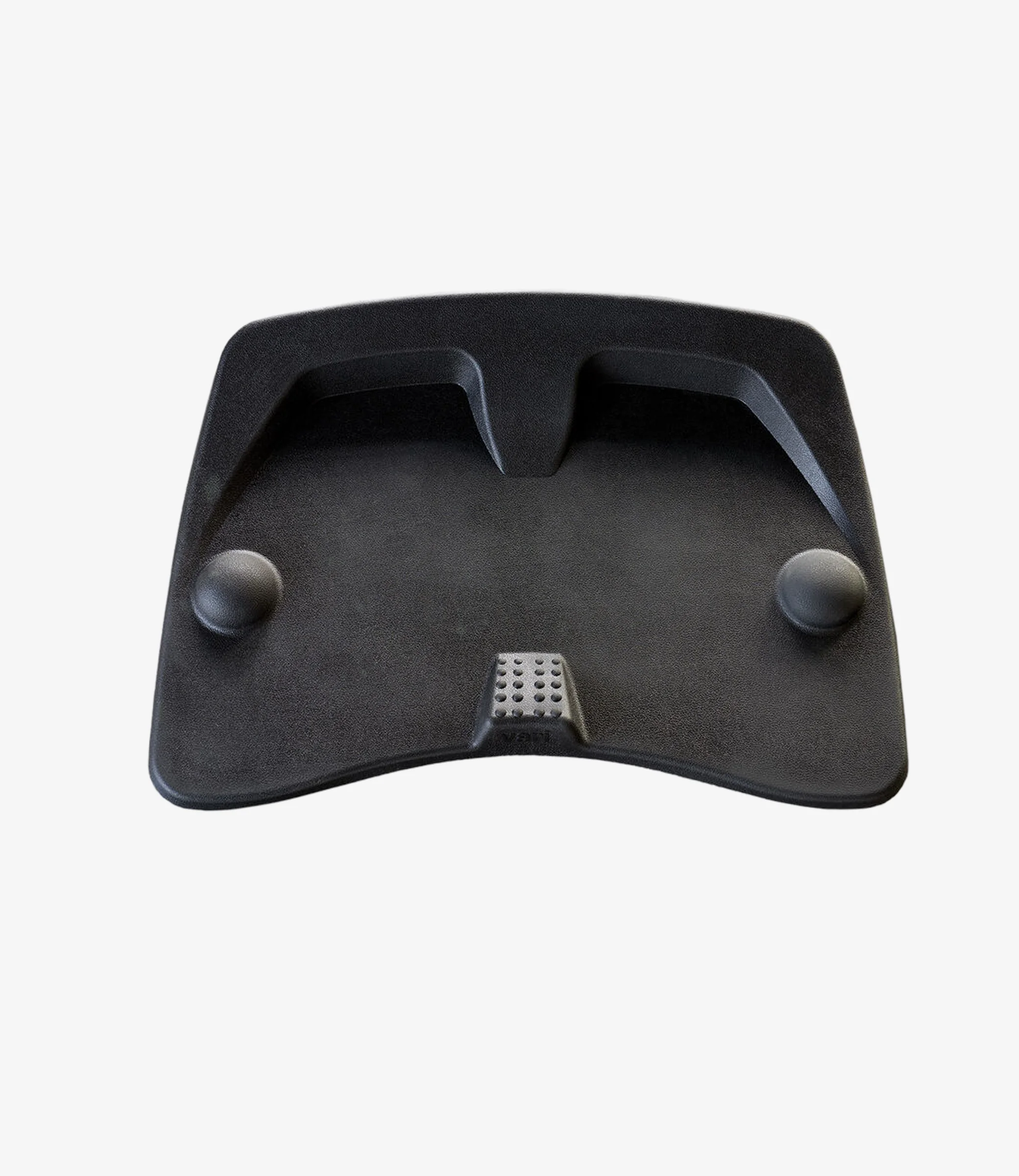 Ergonomic black anti-fatigue mat with raised edges, massage bumps, and curved design. Ideal for reducing fatigue while standing.