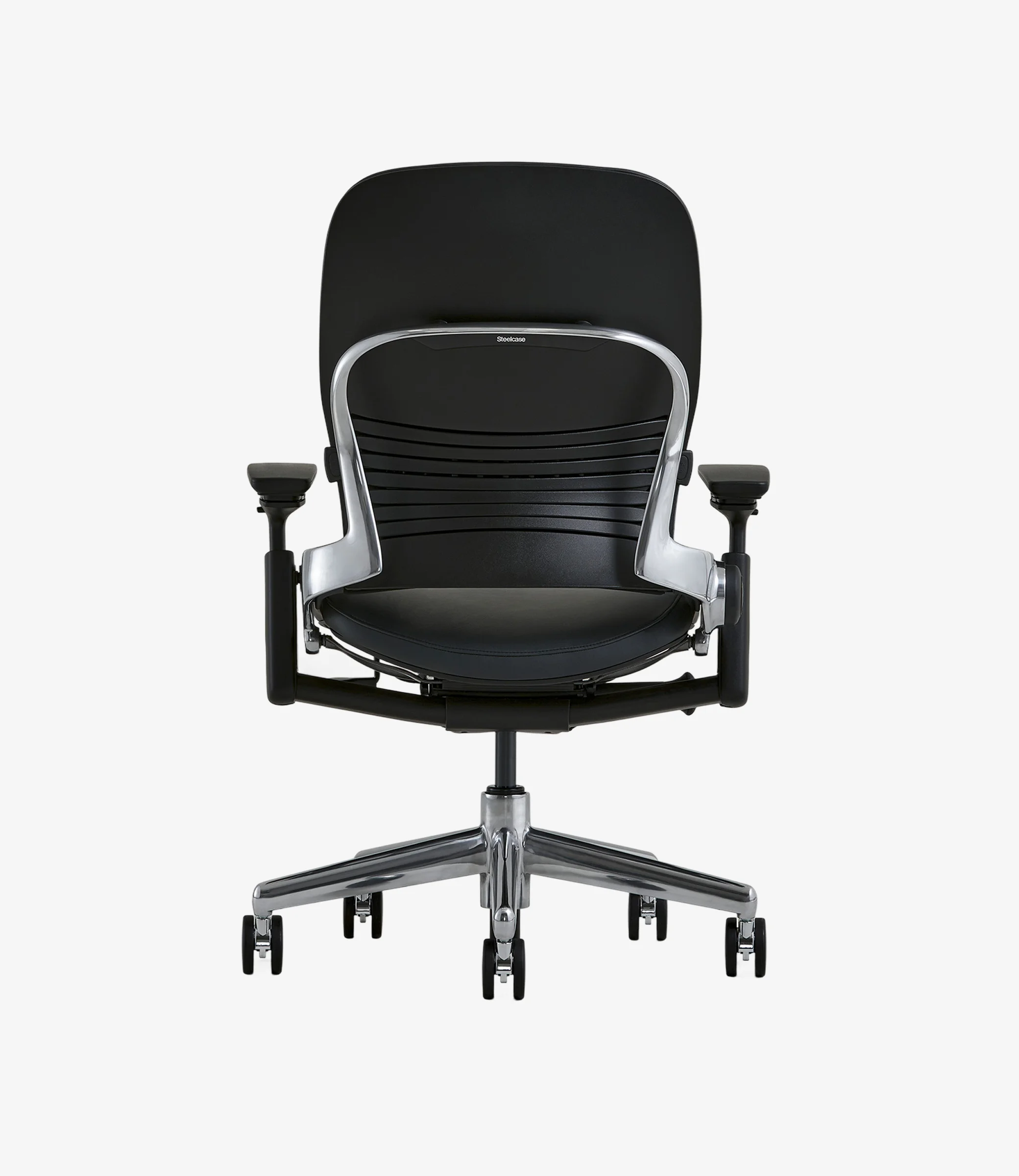 Modern office chair with a sleek, ergonomic design, featuring a black seat and backrest, silver metallic frame, and adjustable armrests on caster wheels.