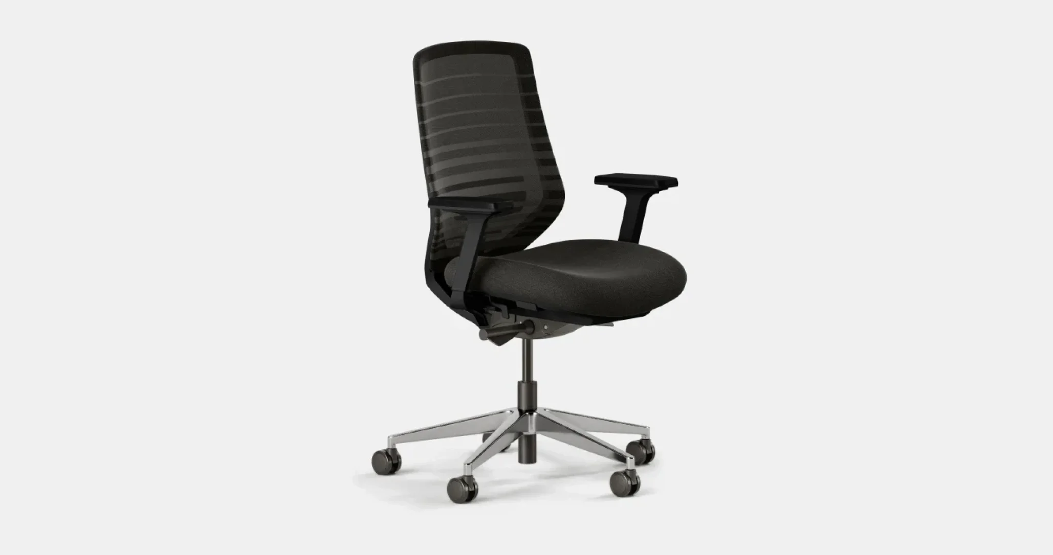 A modern black office chair with a mesh backrest and cushioned seat. It has adjustable armrests and a metal base with wheels. Minimalistic and ergonomic design.
